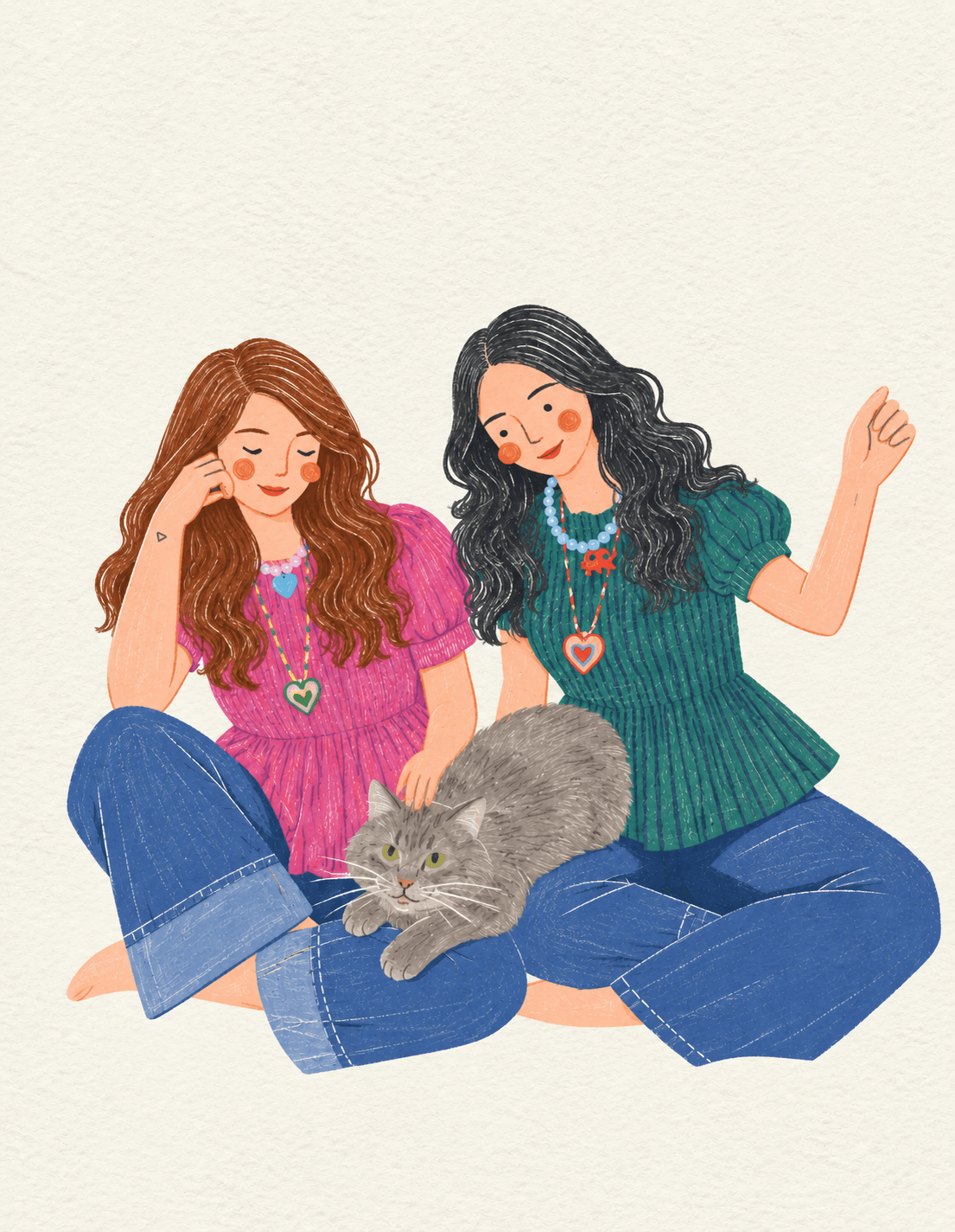 Ilustración de las dos hermanas creadoras de Lola Mostaza usando sus collares